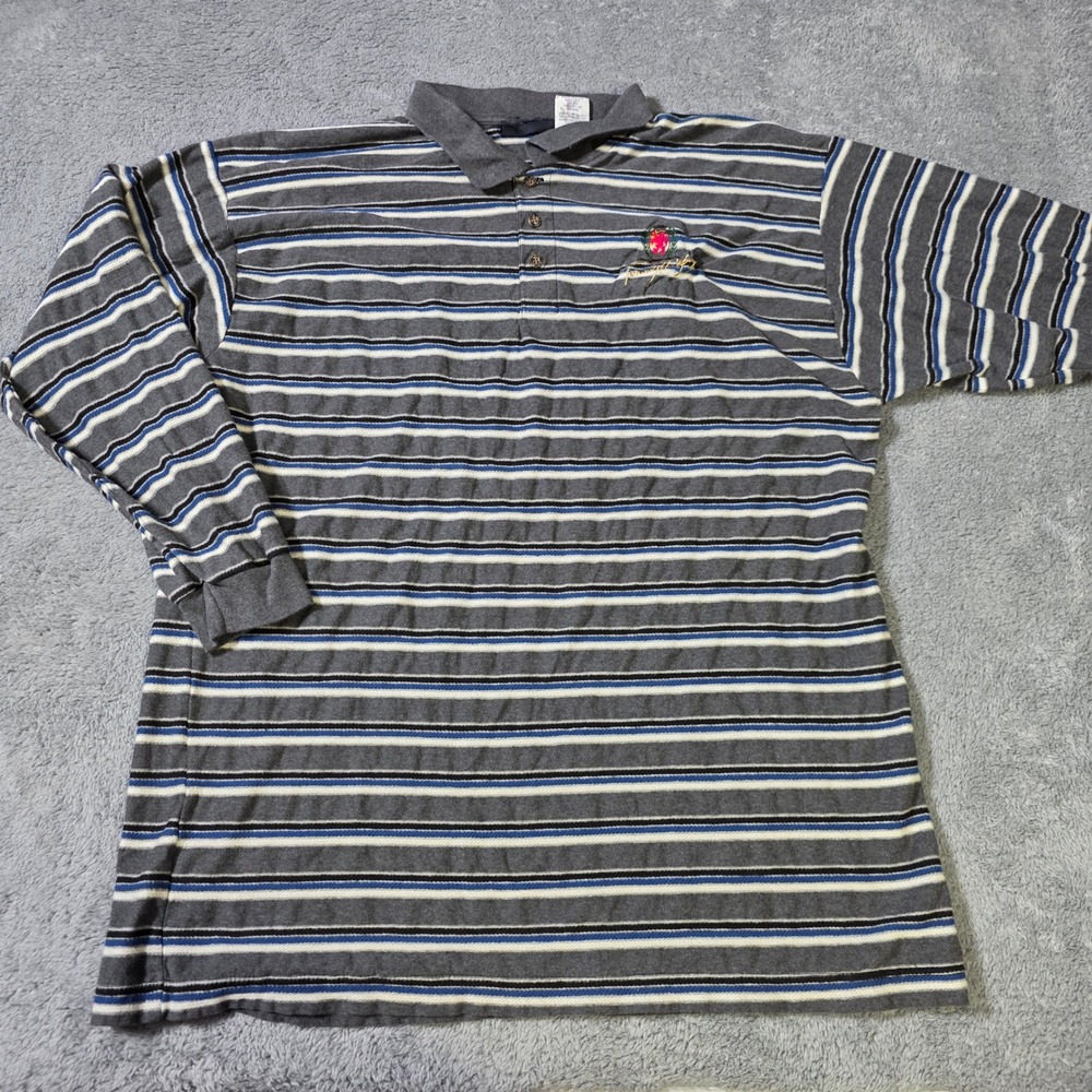 Tommy Hilfiger Mens XL Long Sleeve‎ Polo Shirt Grey Blue Striped Crest Logo